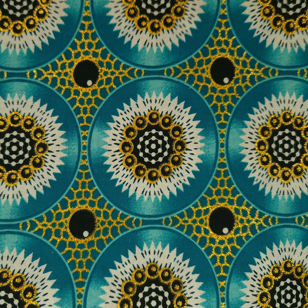 Tela estampada africana - Efectos exclusivos de purpurina embellecida 100% algodón - GL-4032 Turquesa Dorado