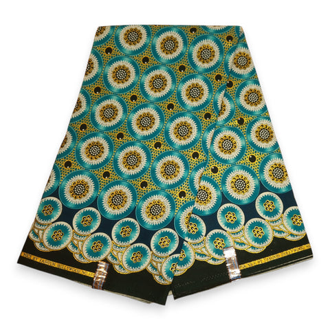 Tela estampada africana - Efectos exclusivos de purpurina embellecida 100% algodón - GL-4032 Turquesa Dorado