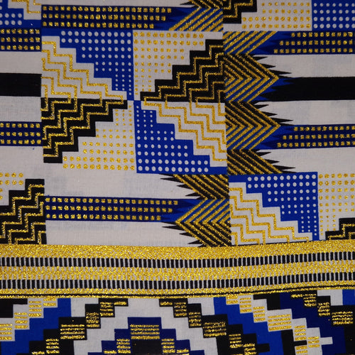 Tela estampada africana - Efectos exclusivos de purpurina embellecida 100% algodón - GL-4048 Azul Dorado Kente