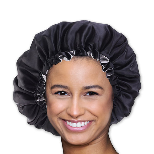 SET SATINADO - Kit de iniciación Protect & Brush your hair - Black Satin Hair Bonnet + Curved Detangler brush + Scrunchie