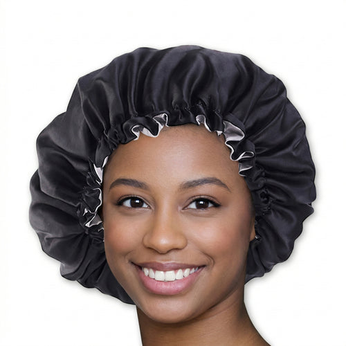 SET DE SATÉN - Protege tu cabello y tu piel - Gorro de satén negro + 2 fundas de almohada de satén