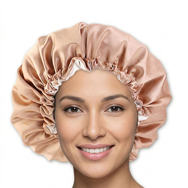 SET SATÉN - Protege tu cabello y mantenlo seco - Gorro Caqui Satén + Gorro Ducha + Scrunchie