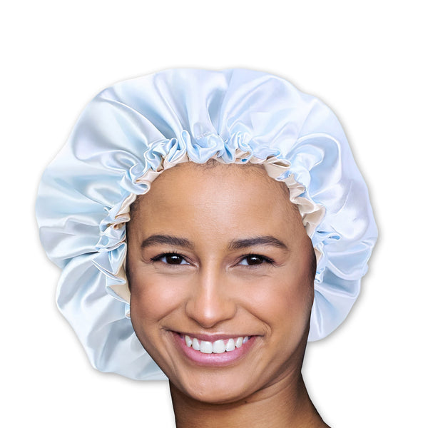 SET DE SATÉN - Protege tu cabello y mantenlo seco - Gorro de satén azul cielo + Gorro de baño + Scrunchie