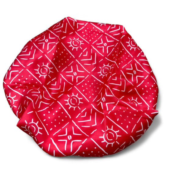 Gorro de pelo satinado Tela de barro rojo / bogolan (gorro de noche de satén reversible)