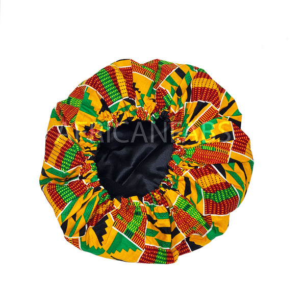 Gorro de pelo estampado Kente africano amarillo (gorro de dormir de noche reversible con forro de satén)