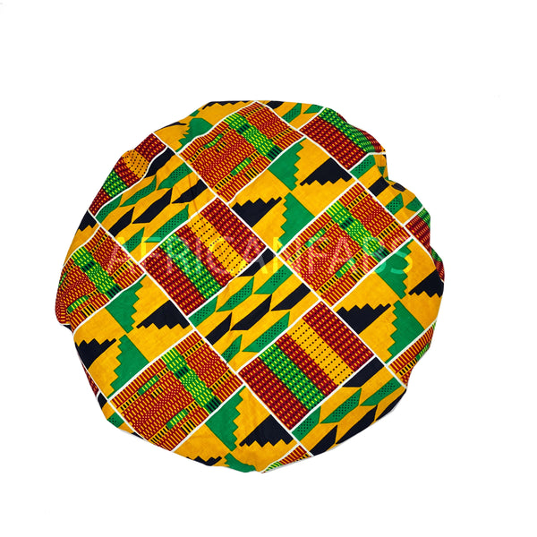 Gorro de pelo estampado Kente africano amarillo (gorro de dormir de noche reversible con forro de satén)