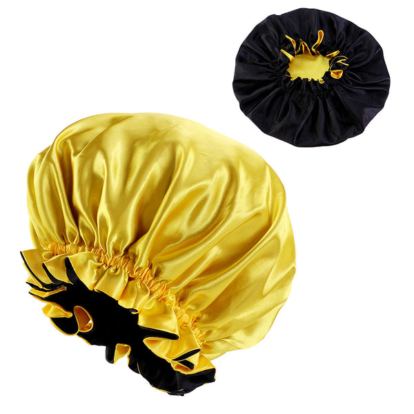 Gorro de pelo satinado amarillo/negro con borde (gorro de dormir de noche de satén reversible)