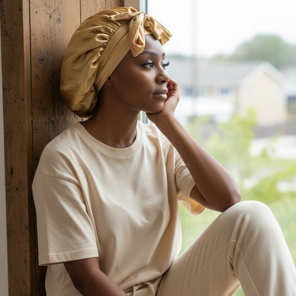 Gorro de satén con correas - Caqui ( Gorro de dormir de satén )