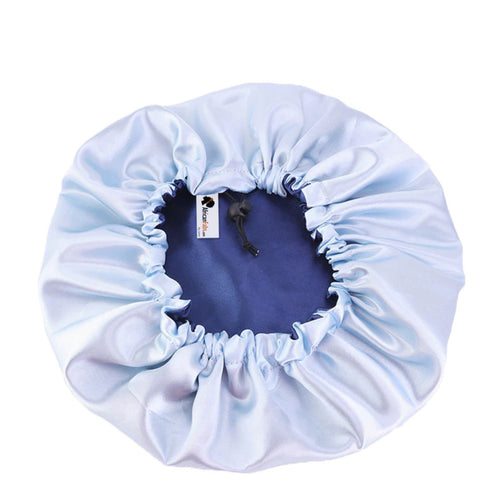 Gorro de pelo satinado Azul + Coletero de satén (gorro de noche de satén reversible)