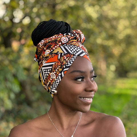 Marrón africano / Abrigo naranja / Cinta para la cabeza de tela de barro