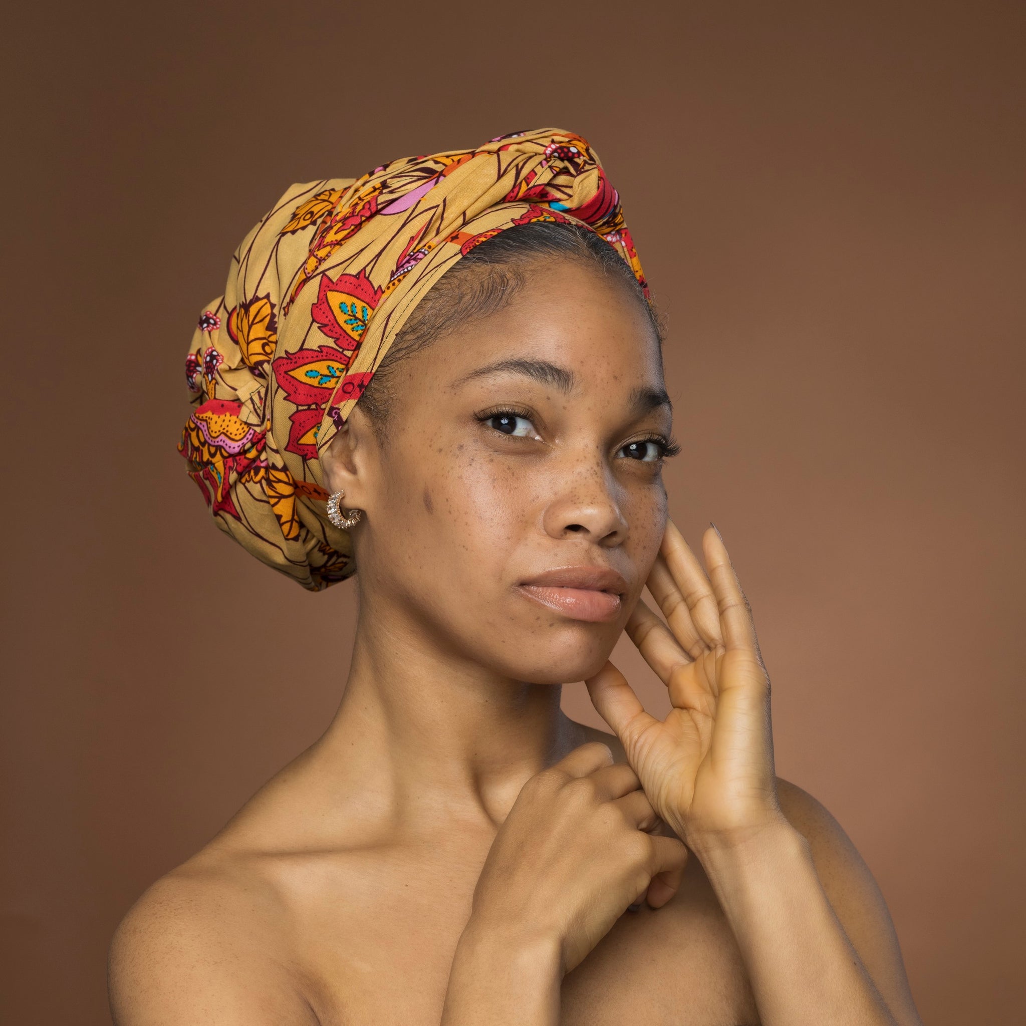 African headwrap - Beige Orange Botanical Flow