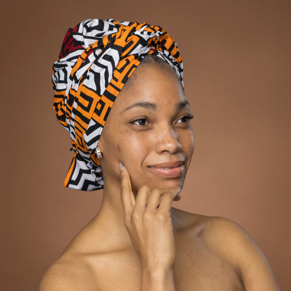 African headwrap - Brown Yellow Kuba Blocks Congo