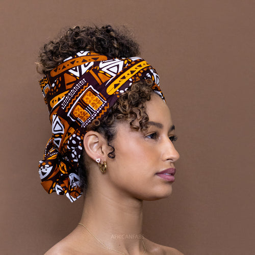 Cinta para la cabeza negra africana / Patrones marrones / Tela de barro