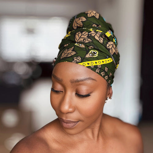 Cinta para la cabeza  africano / Verde oscuro & Amarillo Botanical Flow