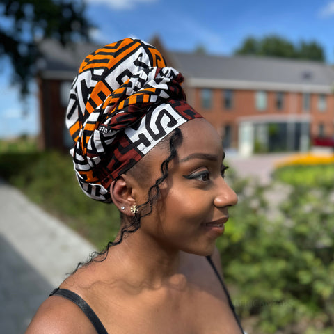 Cinta para la cabeza con flor rojo africano / Marrón & Amarillo anaranjado Kuba Blocks Congo