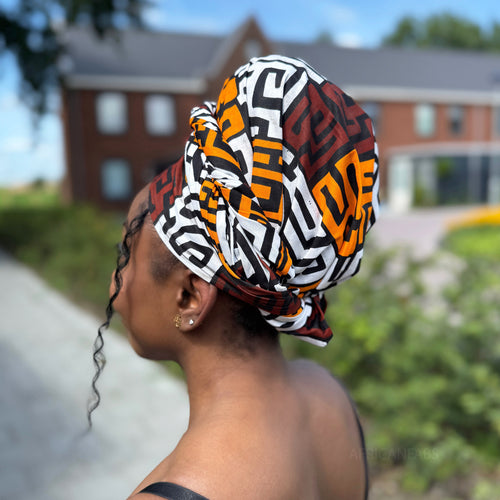 Cinta para la cabeza con flor rojo africano / Marrón & Amarillo anaranjado Kuba Blocks Congo
