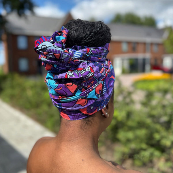 Cinta para la cabeza con flor rojo africano / Morado & Azul claro Mandala Patchwork