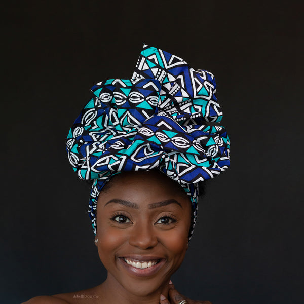 Cinta para la cabeza de tela de barro azul africano/blanco