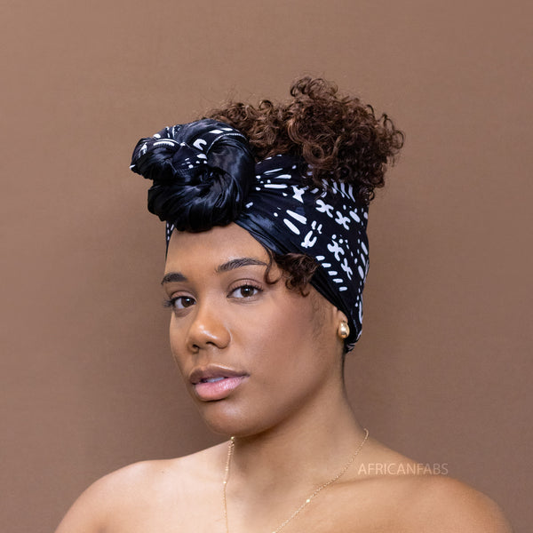 African Black / white forro de satén Bogolan / turbante de tela de barro
