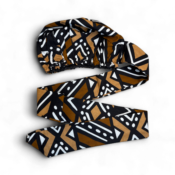 Easy headwrap - Gorro de pelo con forro satinado - Marrón & Beige Bogolan