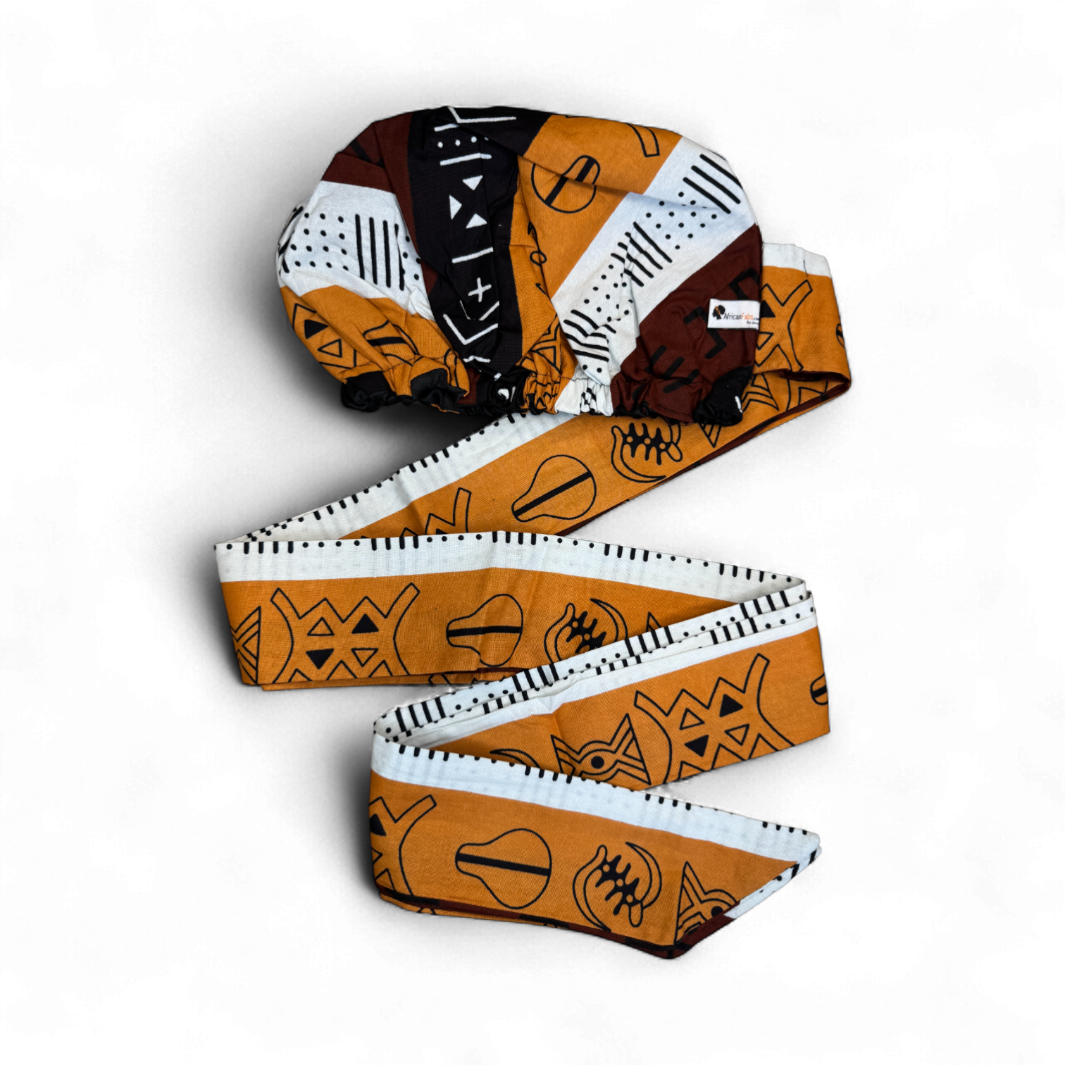 Easy headwrap - Gorro de pelo con forro satinado - Marrón & Amarillo-naranja Bloques Kuba