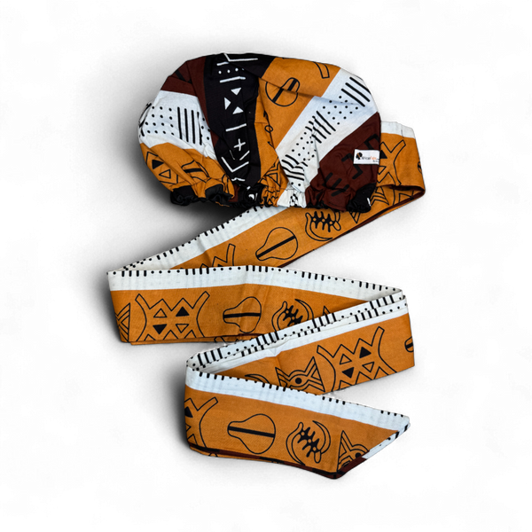 Easy headwrap - Gorro de pelo con forro satinado - Marrón & Amarillo-naranja Bloques Kuba