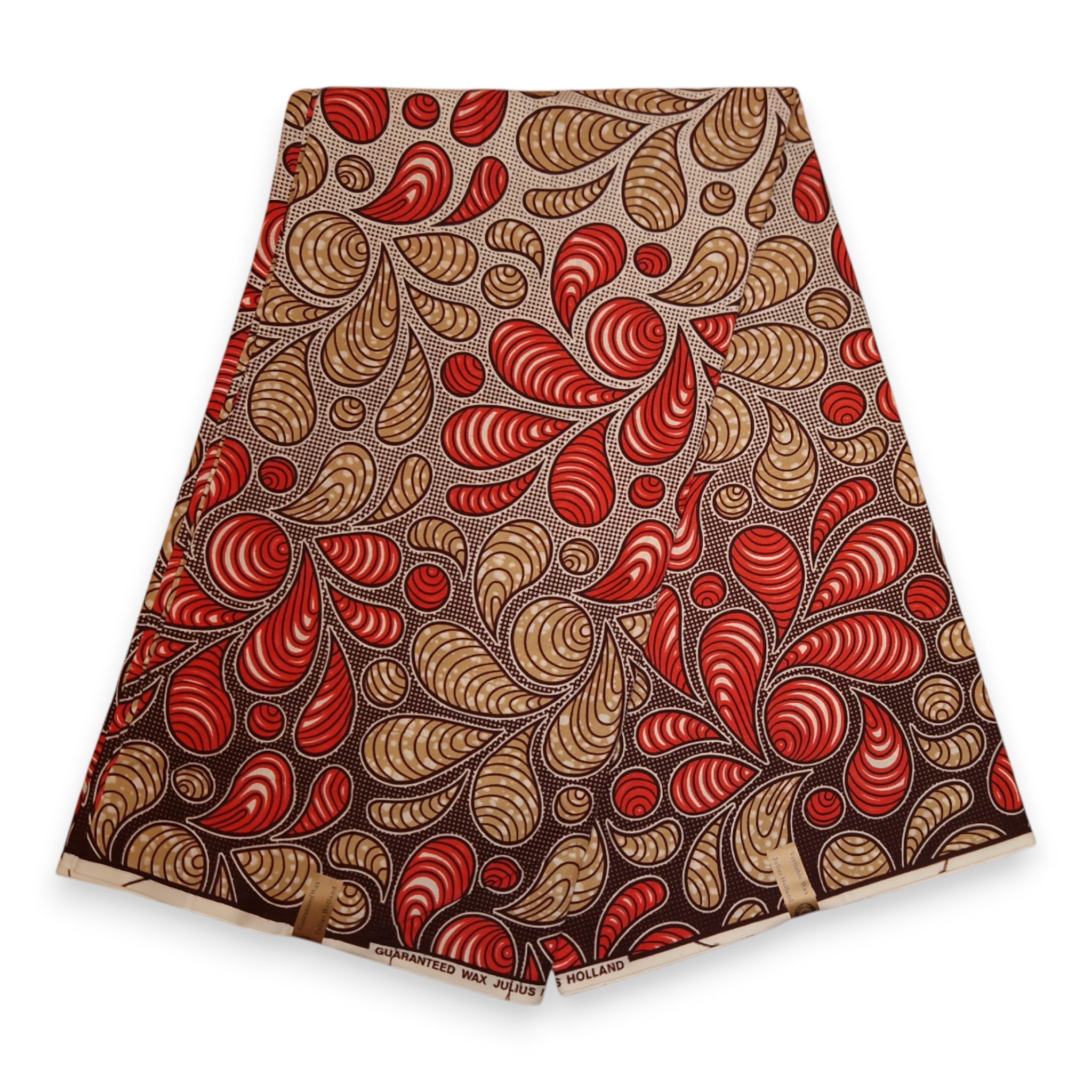 African Wax print fabric - Red and Beige Desert Leaf Swirls - 100% cotton