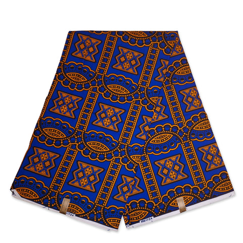 Tela estampada Wax africana - Azul / Naranja ancient