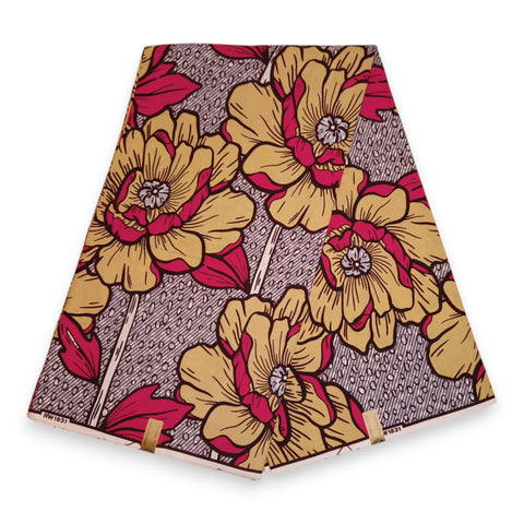 Tela estampada Wax africana - Amarillo & Rosa Bold Flowers