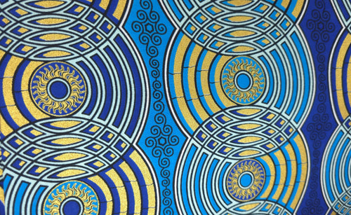 Tela estampada Wax africana - Azul Oro Retro Circles - Efecto especial Brillante Edición Platino
