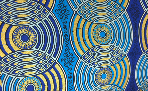 Tela estampada Wax africana - Azul Oro Retro Circles - Efecto especial Brillante Edición Platino