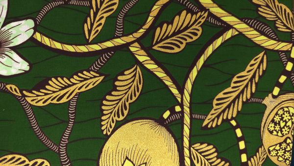 Tela estampada Wax africana - Verde Oro Cream Pomegranate Garden - Efecto especial Brillante Edición Platino