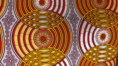 Tela estampada Wax africana - Rojo Oro Retro Circles - Efecto especial Brillante Edición Platino