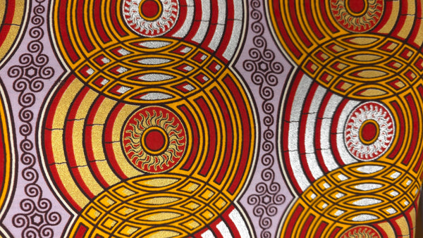 Tela estampada Wax africana - Rojo Oro Retro Circles - Efecto especial Brillante Edición Platino