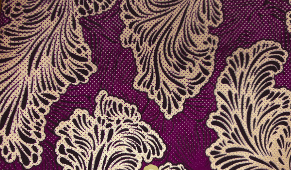 Tela estampada Wax africana - Morado Oro Floral Whisper - Efecto especial Brillante Edición Platino