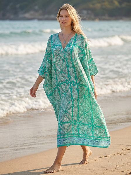 Boho rayon kaftan dress - Turquoise Sea Fern