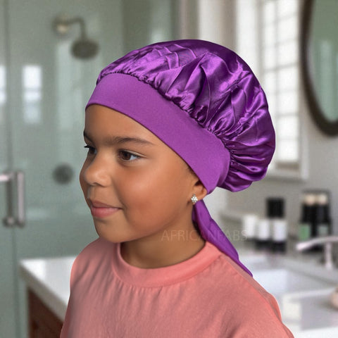 Gorro de satén morado con tiras para atar (talla infantil/para niños de 3 a 7 años) (gorro de satén para dormir)