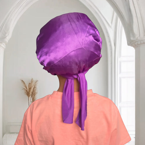 Gorro de satén morado con tiras para atar (talla infantil/para niños de 3 a 7 años) (gorro de satén para dormir)