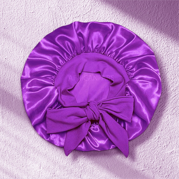 Gorro de satén morado con tiras para atar (talla infantil/para niños de 3 a 7 años) (gorro de satén para dormir)