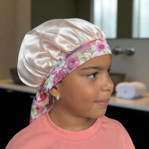 Gorro de satén Flor con tiras para atar (talla infantil/para niños de 3 a 7 años) (gorro de satén para dormir)