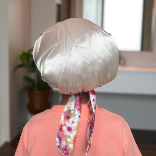 Gorro de satén Flor con tiras para atar (talla infantil/para niños de 3 a 7 años) (gorro de satén para dormir)