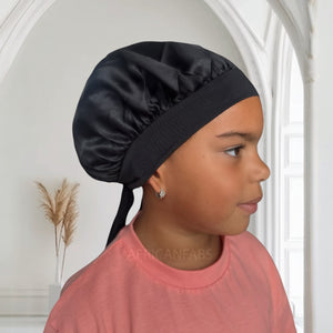 Gorro de satén Negro con tiras para atar (talla infantil/para niños de 3 a 7 años) (gorro de satén para dormir)