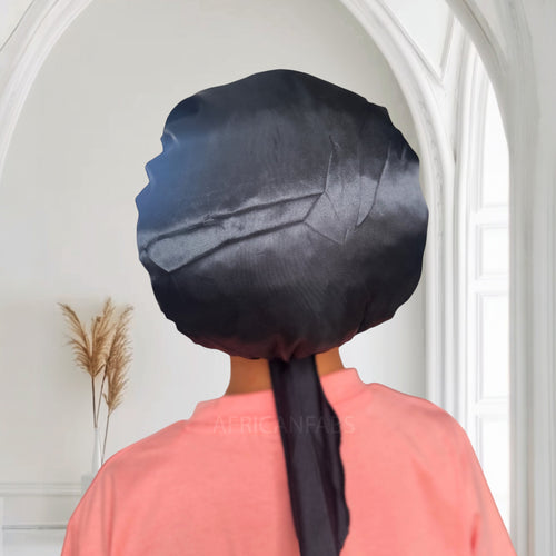Gorro de satén Negro con tiras para atar (talla infantil/para niños de 3 a 7 años) (gorro de satén para dormir)