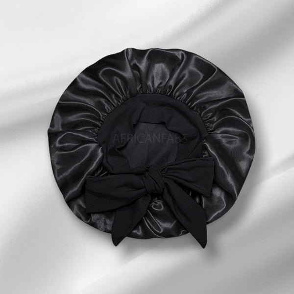 Gorro de satén Negro con tiras para atar (talla infantil/para niños de 3 a 7 años) (gorro de satén para dormir)