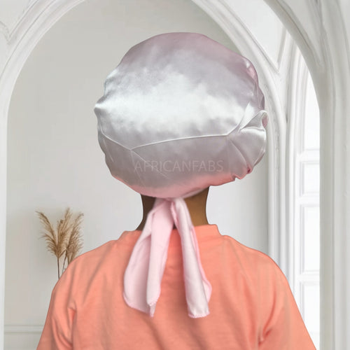 Gorro de satén Rosa con tiras para atar (talla infantil/para niños de 3 a 7 años) (gorro de satén para dormir)