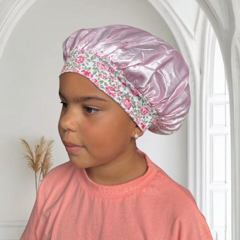 Gorro de satén Rosa flor con tiras para atar (talla infantil/para niños de 3 a 7 años) (gorro de satén para dormir)
