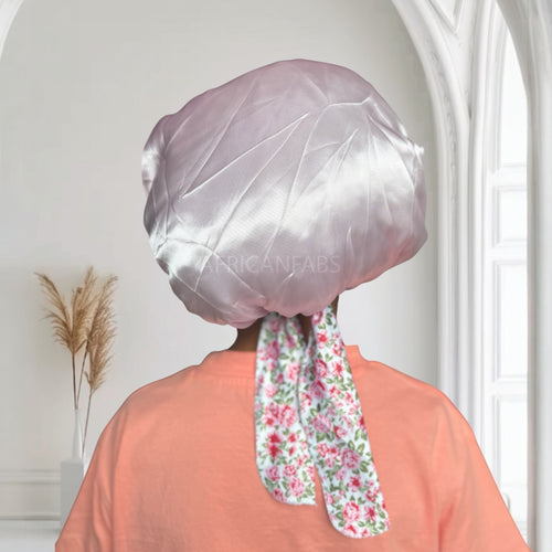 Gorro de satén Rosa flor con tiras para atar (talla infantil/para niños de 3 a 7 años) (gorro de satén para dormir)