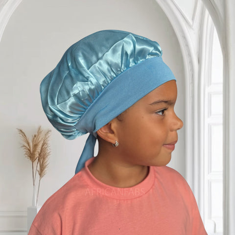 Gorro de satén Azul con tiras para atar (talla infantil/para niños de 3 a 7 años) (gorro de satén para dormir)