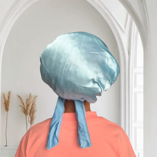 Gorro de satén Azul con tiras para atar (talla infantil/para niños de 3 a 7 años) (gorro de satén para dormir)