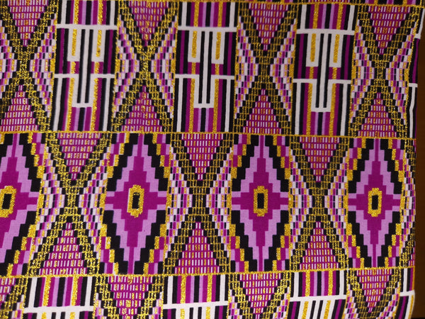 Tela estampada africana - Efectos exclusivos de purpurina embellecida 100% algodón - KT-3074 Kente Oro Morado